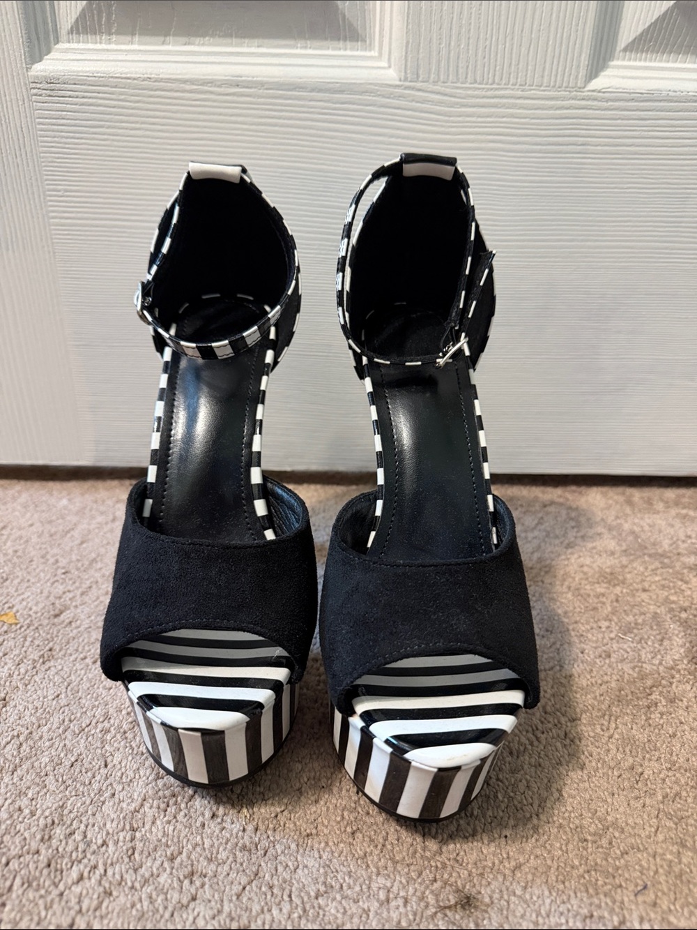 Black Striped Platform Ankle Strap Heels